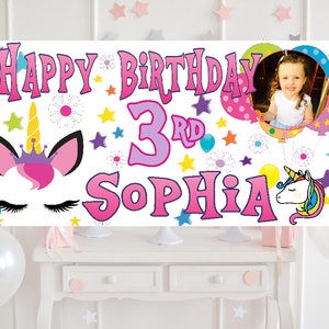 Grande faixa de aniversário personalizada unicórnio decorações de festa foto nome pôster placa física meninas primeiro 1º 2º 3º 4º 5º 6º 7º 8º 9º