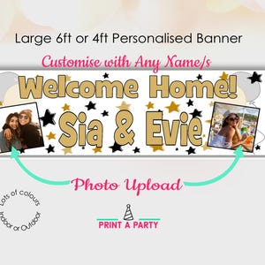 Personalised Welcome Home Return Back Banner Party Decorations Name Photo Mens Womens Boys Girls Pink Blue Silver Gold Sign Indoor Outdoor