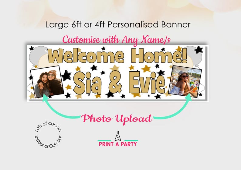 Puede incluir: Una pancarta blanca con estrellas negras y doradas, globos y el texto "Welcome Home! Sia & Evie". La pancarta mide 1,8 metros o 1,2 metros de largo y se puede personalizar con cualquier nombre. Es perfecta para una fiesta de bienvenida a casa.