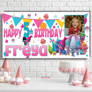 Grande banner de aniversário personalizado Trolls pôster princesa Poppy decorações de festa nome idade foto primeiro 1º 2º 3º 4º 5º 6º 7º 8º 9º
