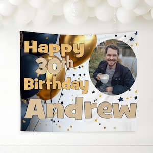 Decoraciones para fiestas de cumpleaños personalizadas en azul marino y dorado con nombre, edad, foto, póster para hombres, 16, 18, 21, 30, 40, 50, 60, 70 y 80 años