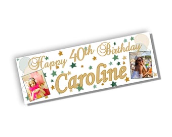 Personalised Birthday Banner with Photo, Sage Green & Gold Party Decorations Customised with Any Age
