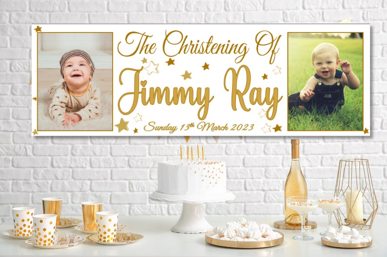 6ft Large Personalised Christening Banner with 2 Photos Baptism First Holy Communion Decorations Boys Girls Silver Rose Gold Indoor Outdoor image 5