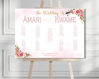 Large Wedding Seating Plan Board Table Plan Welcome Sign Physical Printed Personalised Custom Pink Floral Flowers Boho  A0 A1 A2 A3 Easel