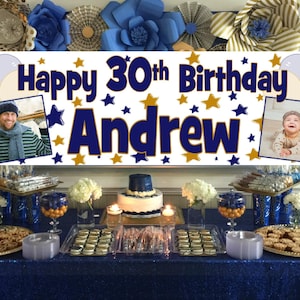 Personalised Birthday Banner for Men – Navy Blue & Gold Photo Party Decorations for Any Age