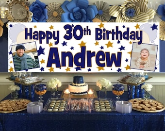 Personalised Birthday Banner for Men – Navy Blue & Gold Photo Party Decorations for Any Age