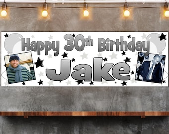 Large Personalised Black and Silver Birthday Banner Party Decorations Name Age Photo 16th 18th 21st 30th 40th 50th 60th 70th 80th Mens Boys
