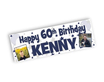 Personalised Birthday Banner for Men with Photo, Navy Blue & Silver Party Decorations, Any Age 13 16 18 21 30 40 50 60 70 80