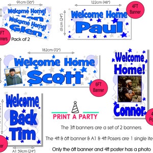 Puede incluir: Un conjunto de pancartas y carteles de bienvenida a casa con texto azul y blanco con estrellas y globos. Las pancartas miden 91 cm de largo y los carteles 122 cm de alto. Una pancarta y un cartel incluyen una foto.