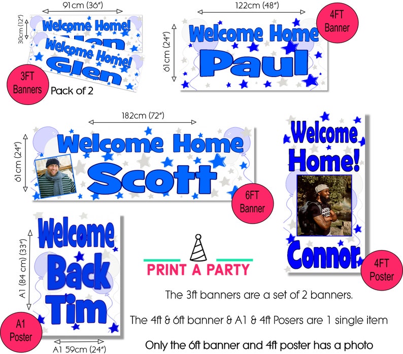 Puede incluir: Un conjunto de pancartas y carteles de bienvenida a casa con texto azul y blanco con estrellas y globos. Las pancartas miden 91 cm de largo y los carteles 122 cm de alto. Una pancarta y un cartel incluyen una foto.