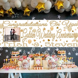 Pancarta personalizada de aniversario de bodas de oro Decoraciones para fiestas doradas 50.o 50 años Nombre Foto Telón de fondo Imprimir Felicitaciones Signo de bienvenida