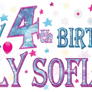 May include: A blue and purple banner with the text "Happy 4th Birthday Lily Sofia" and images of Elsa and Anna from the movie Frozen. The banner is decorated with snowflakes, stars, and balloons.