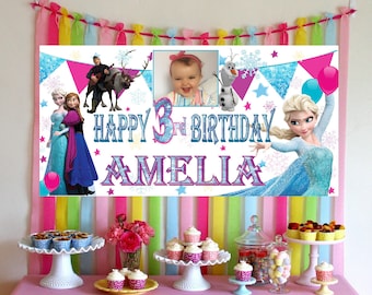 Personalised Frozen Birthday Banner, Girls Party Decorations Custom Name & Photo