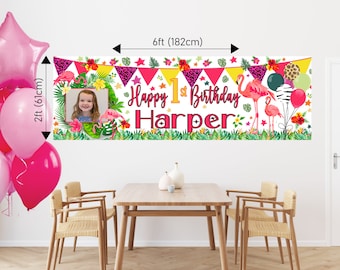 Large Personalised Birthday Banner Tropical Lau Flamingo Party Decorations Name Age Photo girls first 1st 2nd 3rd 4th 5th 6th 10th 13th