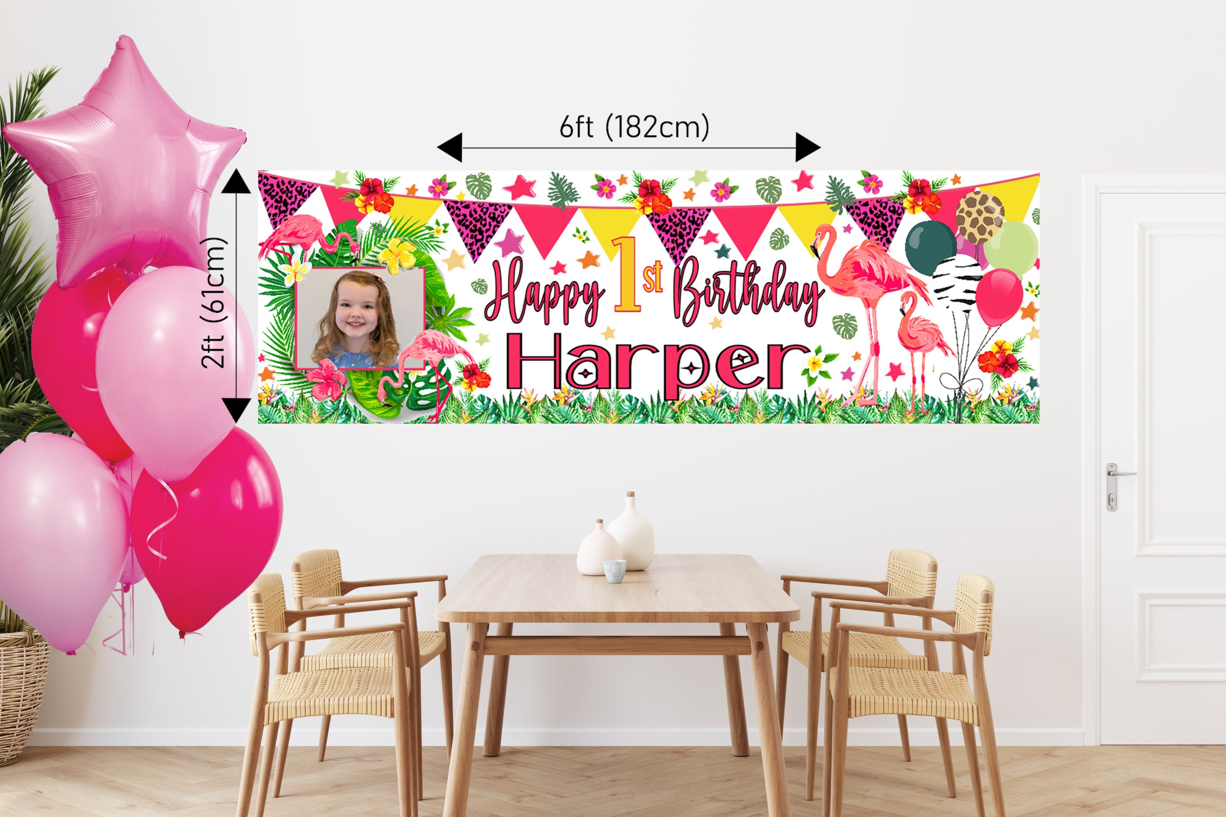 Large Personalised Birthday Banner Tropical Lau Flamingo Party Decorations Name Age Photo girls first 1st 2nd 3rd 4th 5th 6th 10th 13th