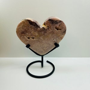Pink Amethyst Crystal heart on black display stand