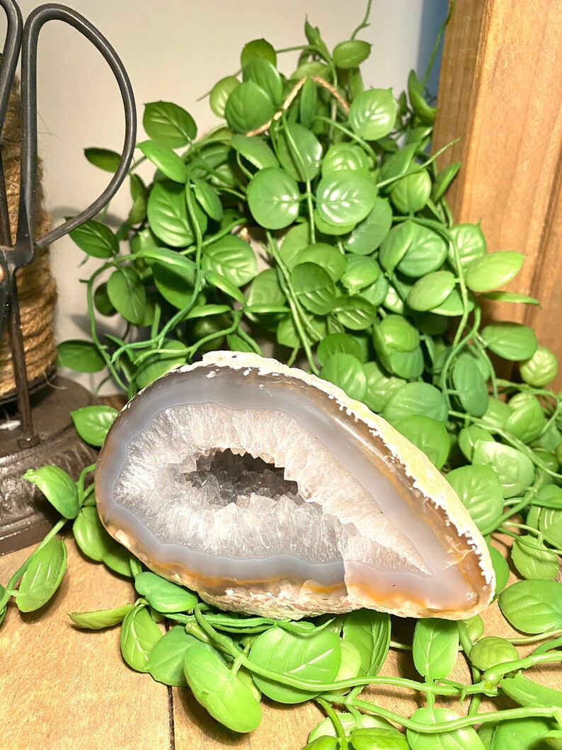 Freestanding Natural Agate Geode with Quartz Crystals in the middle table piece or unique office display
