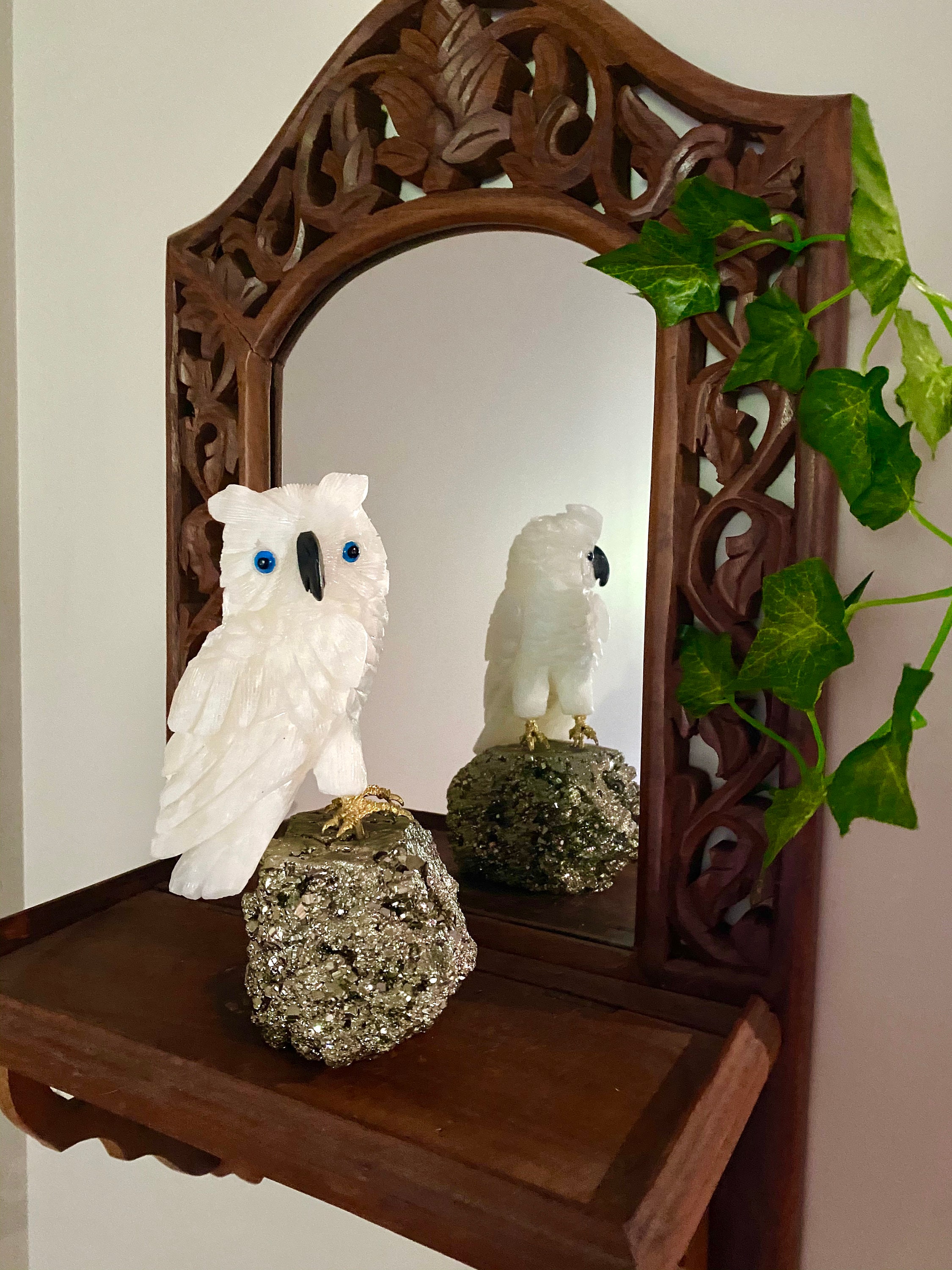 White Onyx hand carved Owl on Pyrite -  home décor or unique table piece