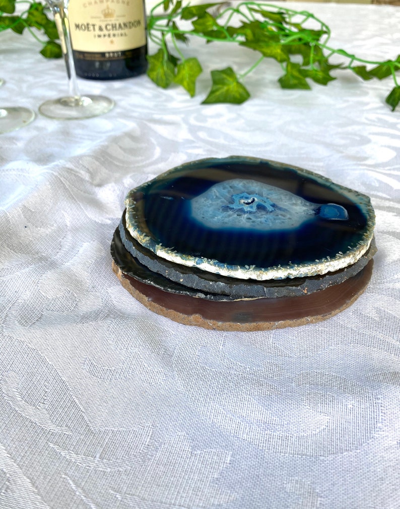 set of 4 Blue polished agate slice drink coasters office decoration or unique gift home decor