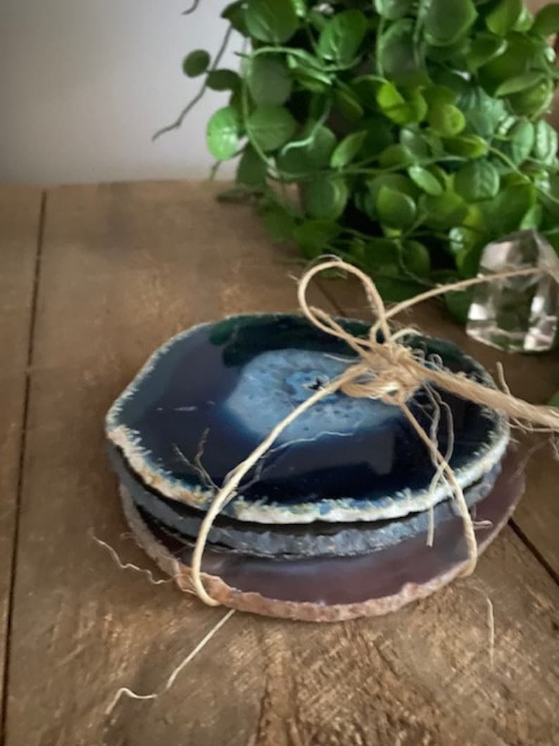 set of 4 Blue polished agate slice drink coasters office decoration or unique gift home decor