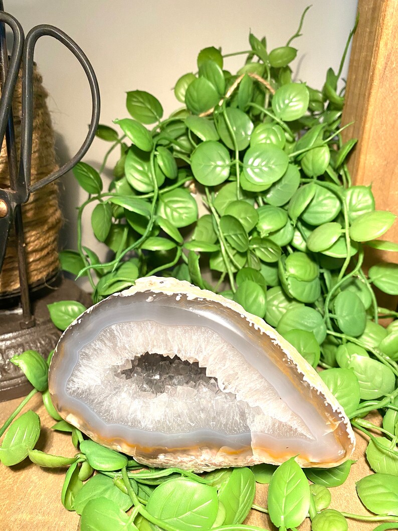 Freestanding Natural Agate Geode with Quartz Crystals in the middle table piece or unique office display