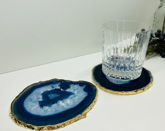 Set of 2 Blue polished Agate Slice drink coasters with gold Electroplating around the edges