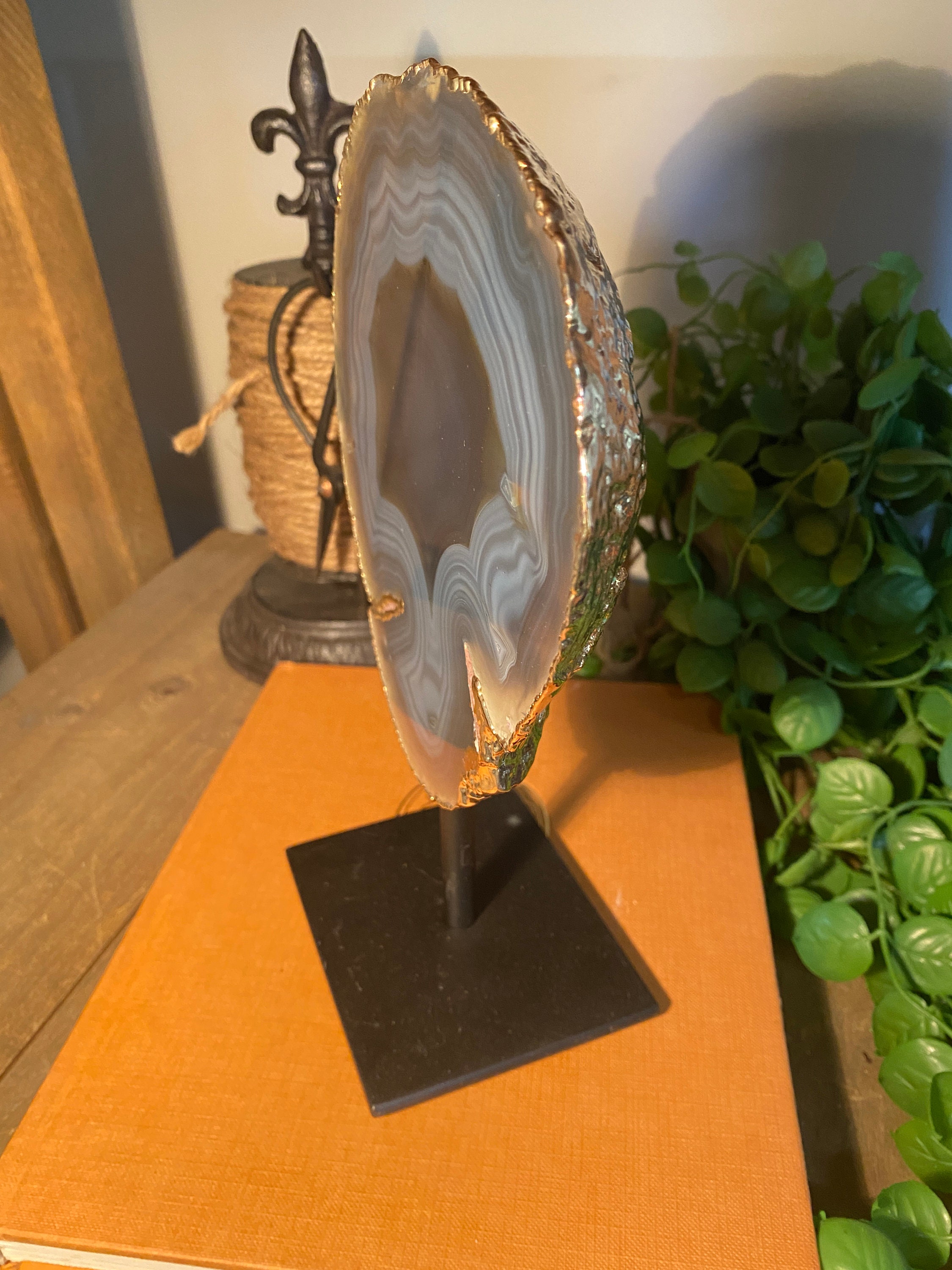 Natural polished Agate slice on black stand with gold Etsy