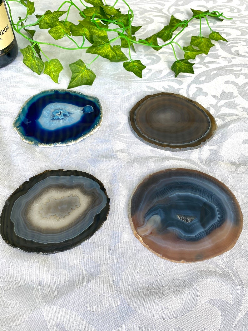 set of 4 Blue polished agate slice drink coasters office decoration or unique gift home decor