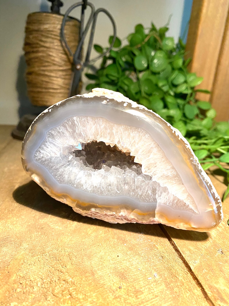Freestanding Natural Agate Geode with Quartz Crystals in the middle table piece or unique office display
