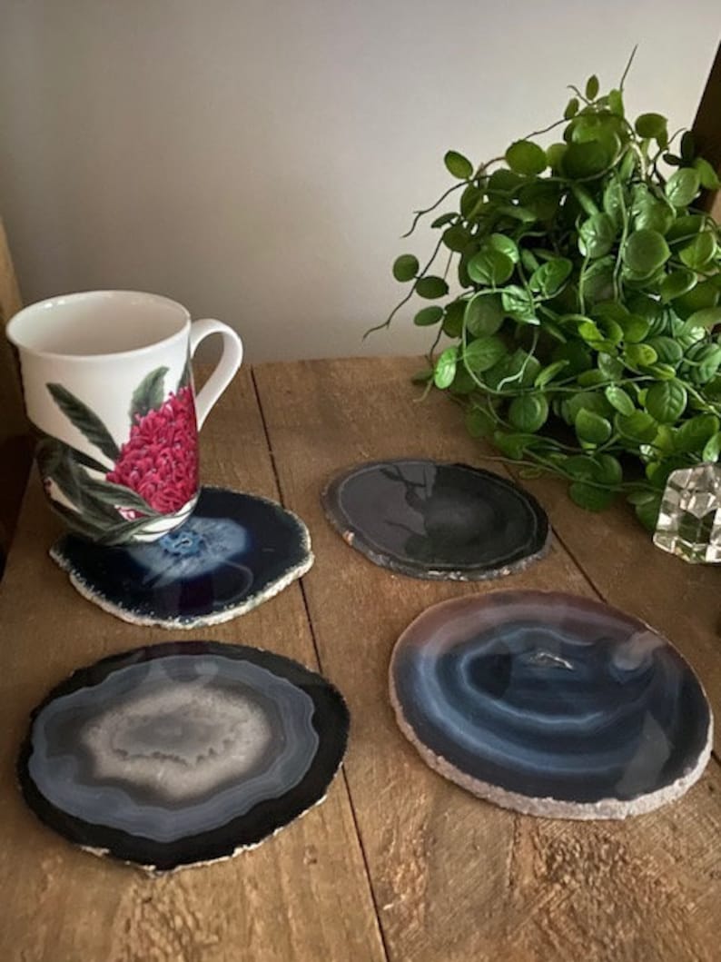 set of 4 Blue polished agate slice drink coasters office decoration or unique gift home decor