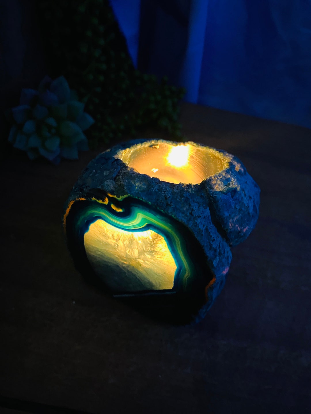 Blue Agate Natural Stone Tea Light Candle Holder Etsy