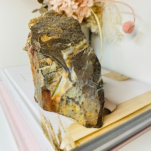 May include: A natural, multi-toned stone with a rugged texture. The rock displays hues of brown, gold, and touches of blue and white. It rests on a stack of books, with dried flowers visible in the background.