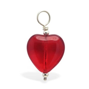 May include: A red glass heart charm with a silver loop and bead at the top.