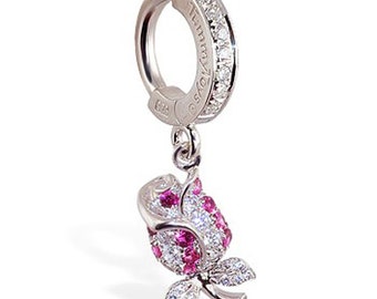 Sterling Silver Sleeper Pave Set with Brilliant White CZs and Pink & White CZ Rose Drop Charm - Exclusively by TummyToys