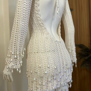 Chic Pearl Mini Dress – Long Sleeve Crochet Backless Party Wear, Perfect Handmade Gift for Her or Bachelorette Celebrations