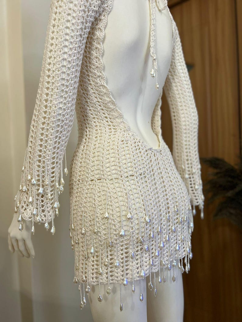 Chic Pearl Mini Dress – Long Sleeve Crochet Backless Party Wear, Perfect Handmade Gift for Her or Bachelorette Celebrations