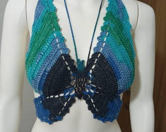 Top de mariposa de ganchillo: Halter ombré Y2K de algodón, bralette corto hecho a mano, ropa de playa ajustable, arcoíris, tejido a mano, atuendo de festival de verano