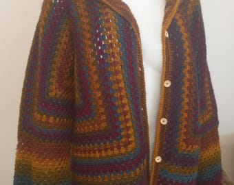 Cárdigan cuadrado de abuela: Cárdigan con capucha hexagonal de ganchillo, chaqueta kimono de colores, suéter hecho a mano, top boho boho