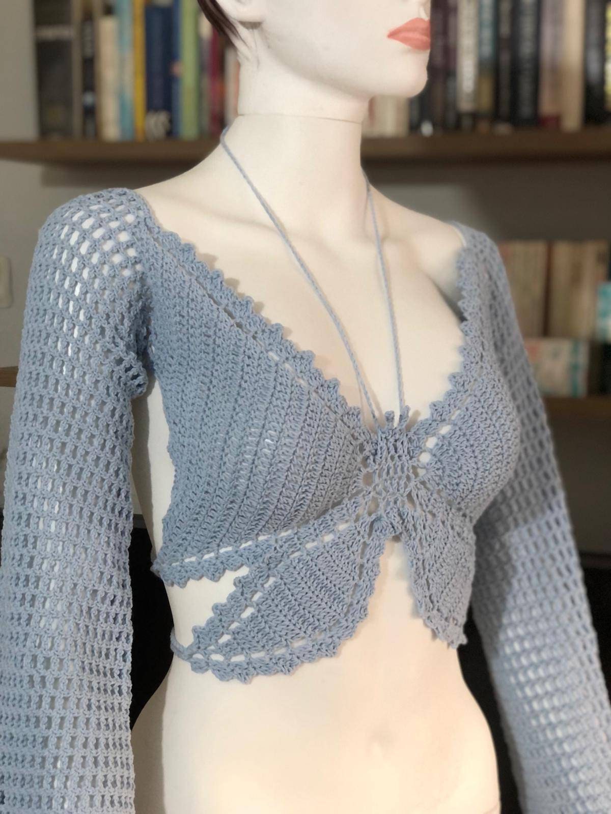 Long Sleeve Butterfly Top, Y2k Crochet Top,sleeve Quide Top