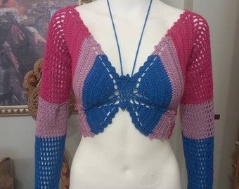 Long sleeve butterfly top, crochet top,gift,pattern animal, crop top,adjustable crop,festival top,y2k,rainbow top,pride color, vest crochet