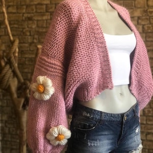 Chunky Cardigan, Flower Cardigan, Pink Cardigan, Daisy Knit Cardigan, Knit Sweater, Bomber Sweater, Cozy Jacket,Y2K Knitwear, Gift for Her
