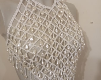 Top corto de ganchillo con cuentas: Bralette halter de algodón estilo Y2K hecho a mano, conjunto ideal para festivales y playa.