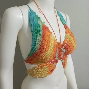 Butterfly crochet top, y2k top, summer top, Boho,batik crochet top,festival wear,knit,tube top,rainbow top, khaite top, crop top,ombre top