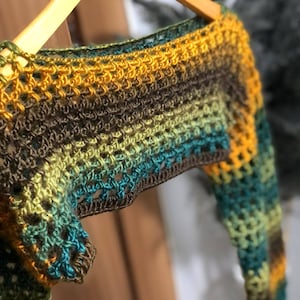 Handmade Crochet Ombre Bolero : Long sleeve Rainbow Fishnet top Festival Outfit Sweater Mesh sleeves Skirt  Cropped y2k Half Shrug Ballet
