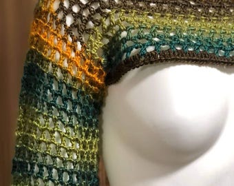 Bolero de crochet hecho a mano: Top de rejilla Y2K de manga larga, atuendo de festival, suéter de malla, encogimiento de hombros corto, suéter de rayas con degradado colorido