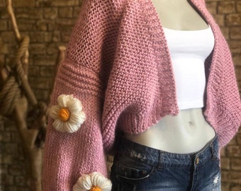 Chunky knit cardigan,flower sleeper, pink cardigan daisy knit cardigan,knitting jacket ,woman knit sweater,bomber sweater,gift mother's day