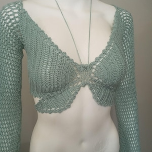 Handmade Crochet Butterfly Crop Top: Long Sleeve Knit Lace Blouse Y2K Festival Outfit Summer Wear Beachwear Boho Bohemian Cotton Shirt