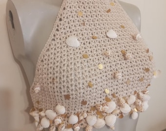 Top corto de crochet con conchas marinas: Bralette halter de algodón estilo Y2K hecho a mano, conjunto ideal para festivales y playa.