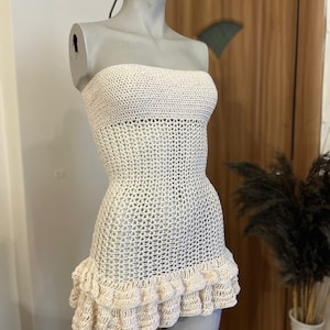 Crochet Sequin Mini Dress : Handmade Cream Dress, Summer Outfit, Knit Dress, Festival wear, Boho Beachwear, Handmade Gift