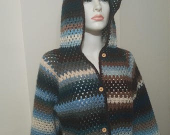 Cárdigan de cuadros de abuela: Cárdigan con capucha de crochet, kimono ombré, chaqueta de color, suéter de atuendo hecho a mano, Y2K, cárdigan de rayas